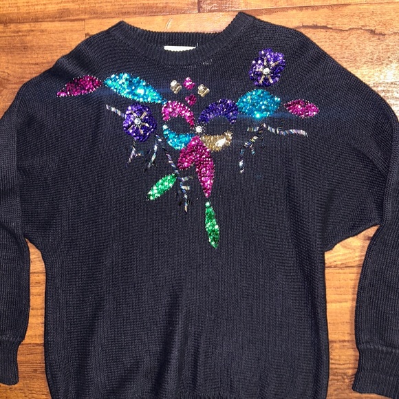 Marmie West • Vtg • 1980’s • Medium • Beaded/• Floral • Black • Sweater - Picture 9 of 10